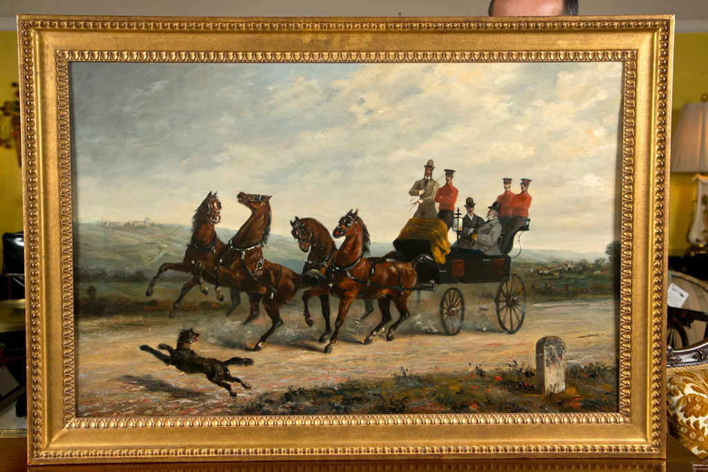 A wonderfully detailed oil on canvas of three British gentleman with their servants. The finely detailed horse drawn wagon disturbed by the playful dog in the lower left of the painting. Indistinguishably signed. In a finely carved gilt gold frame.