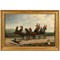 19th Century Oil on Canvas of Gentlemen on a Horse Pulled Wagon