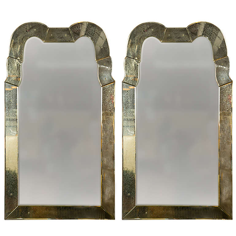 Pair of Fine "Queen Anne" Style Antiqued Venetian Distressed Glass Mirrors 