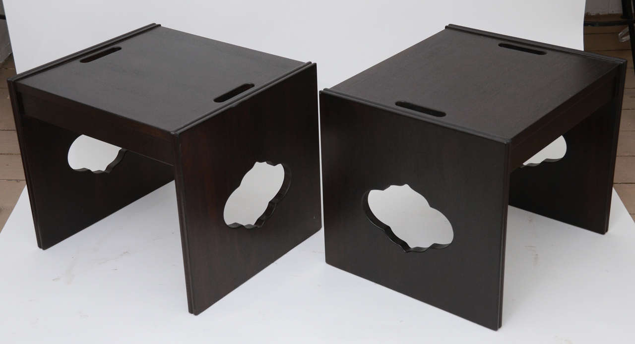 Pair of interesting dark wood end tables with utiltarian accents