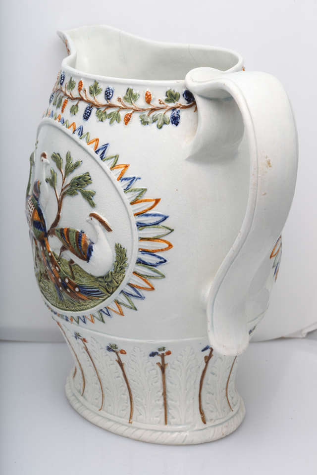 18th Century and Earlier A Beautiful Prattware Peacock Pitcher For Sale