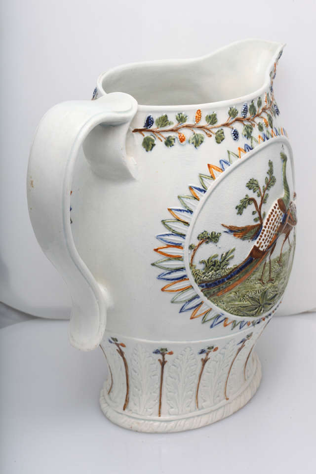 Pottery A Beautiful Prattware Peacock Pitcher For Sale