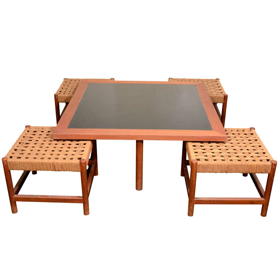 Teakwood Coffee Table With Four Rush Seats By Steven Davies