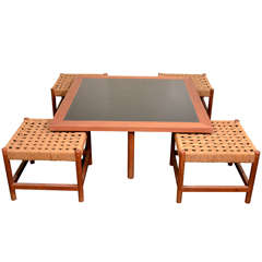 Teakwood Coffee Table With Four Rush Seats By Steven Davies
