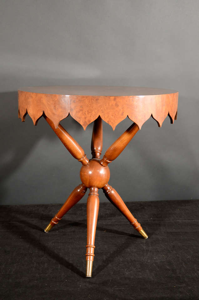 Pair of Bird's Eye Maple End Tables with Morrish Designed Apron.  A Carved Wooden Sphere Supports Three Upper Struts and Three Lower Struts, Ending With Brass Mounts.