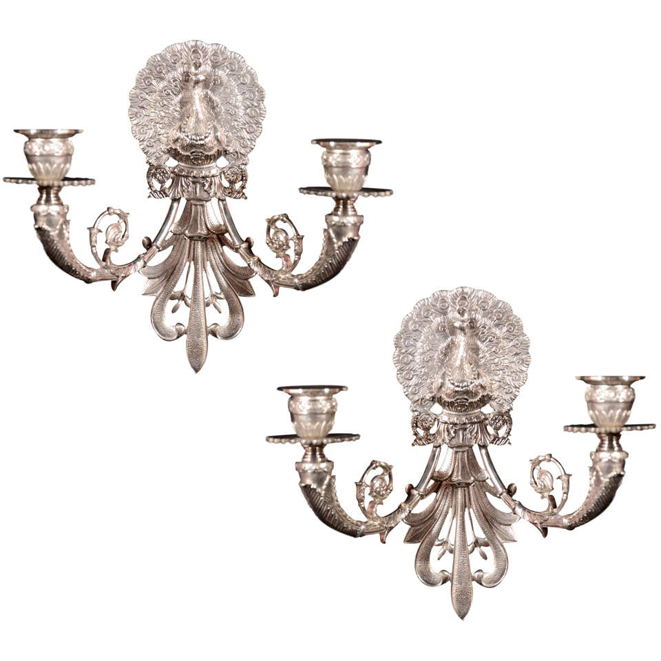 Silvered Bronze Two Light PEACOCK Sconces For Sale