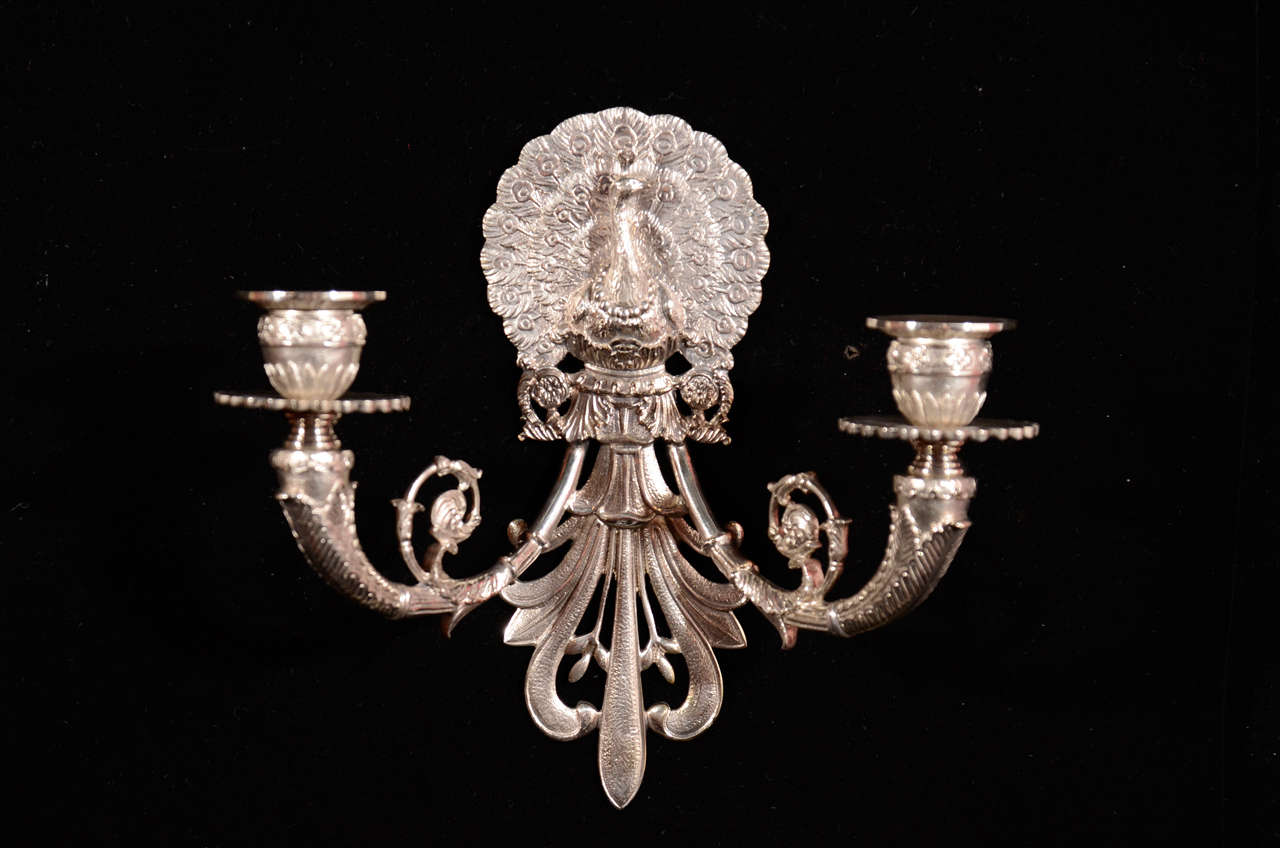 Napoleon III Silvered Bronze Two Light PEACOCK Sconces For Sale