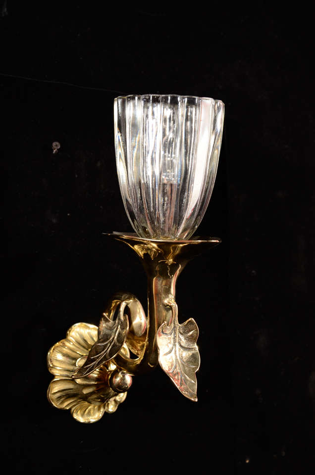Brass Art Nouveau One Light Sconces With Cuff Glass Shades and Leaf Motif.