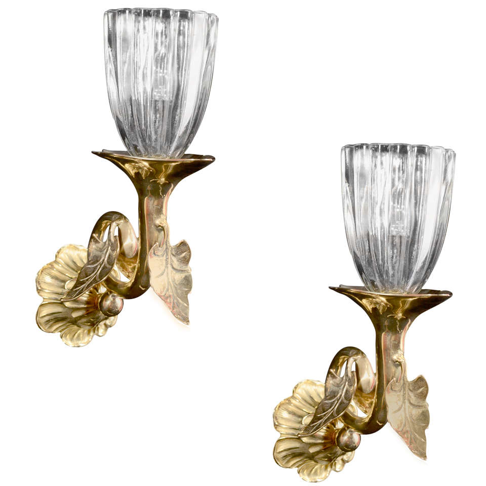Art Nouveau Brass One Light Sconces With Glass Shades For Sale