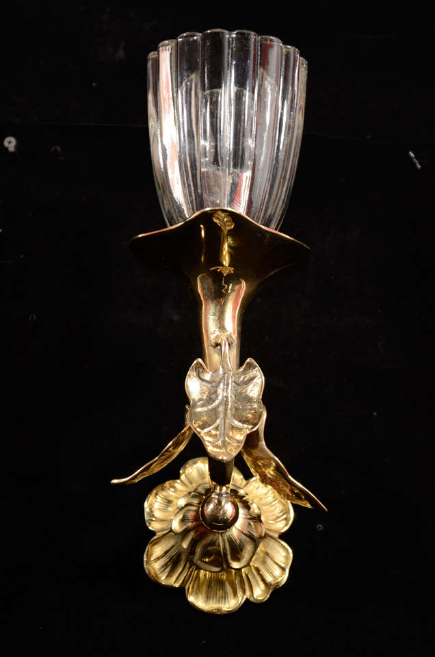 20th Century Art Nouveau Brass One Light Sconces With Glass Shades For Sale