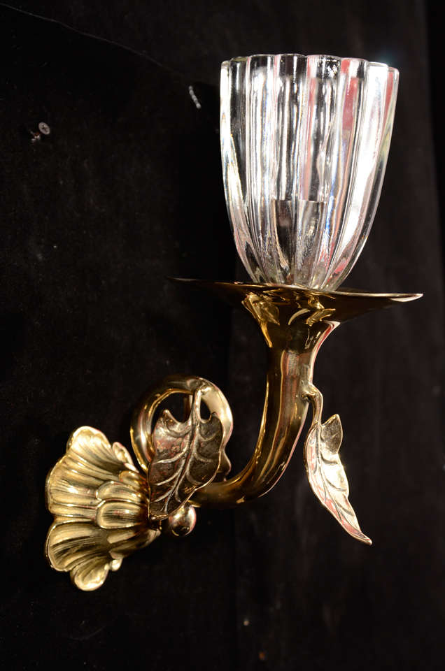 Art Nouveau Brass One Light Sconces With Glass Shades For Sale 2