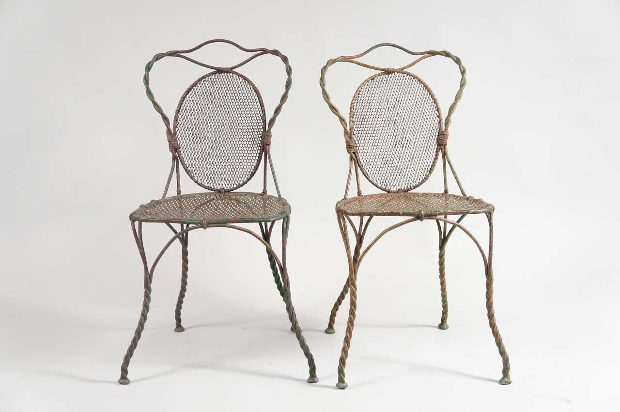 French Pair of Green Iron Chairs