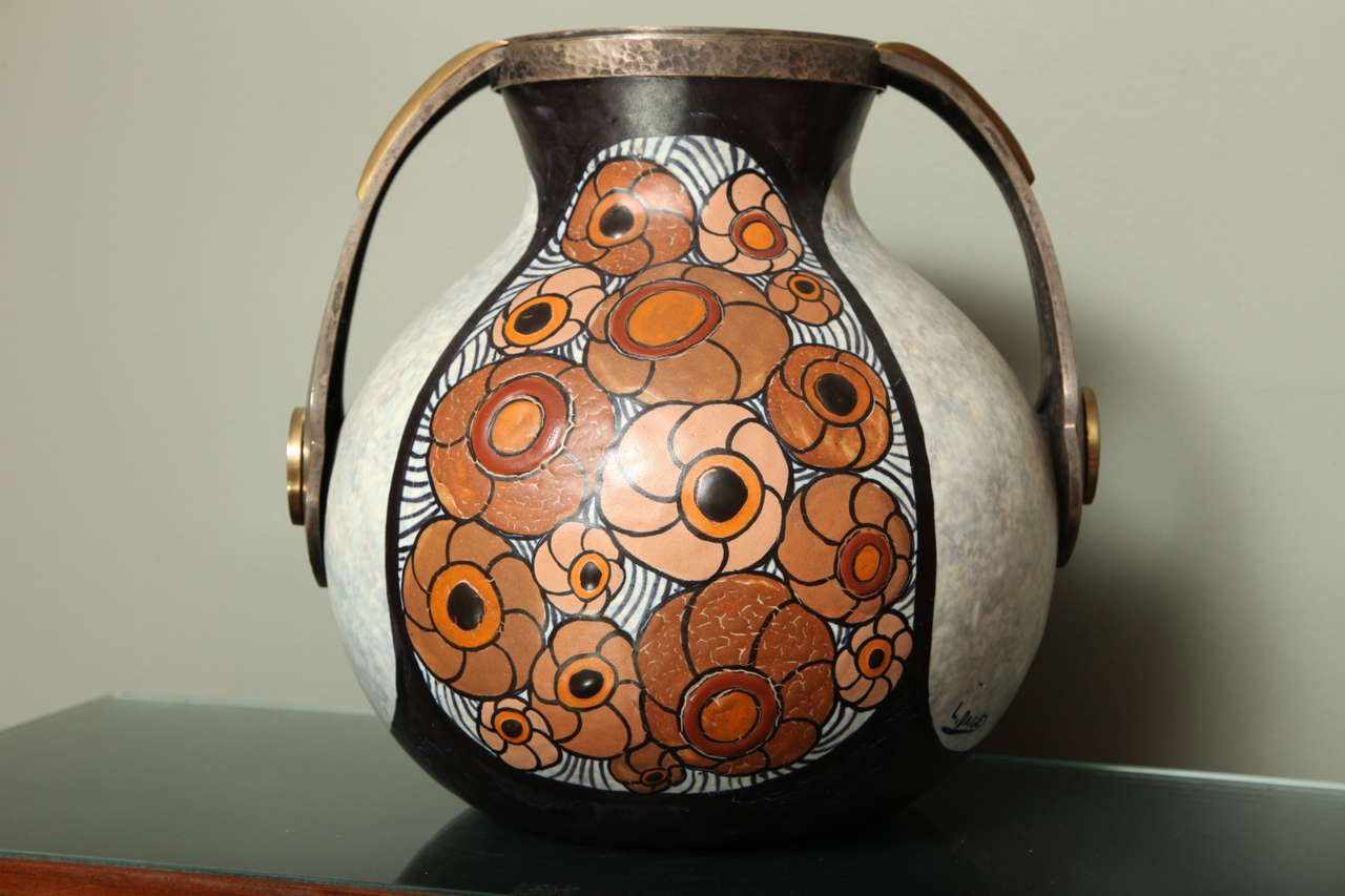 Brass Art Deco Pottery Amphora Vase by Louis Dage