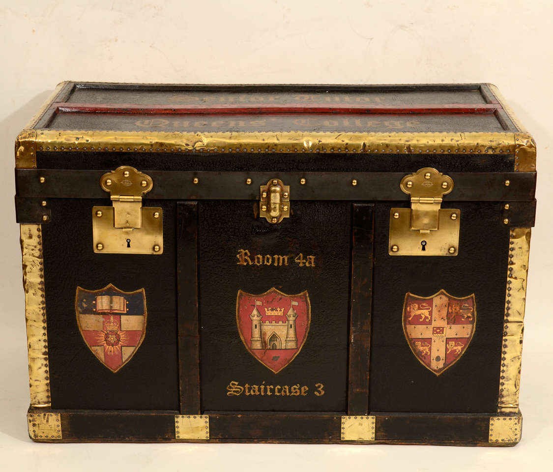 Vintage Black Leather Trunk Labeled Queens College with Brass Detailing and Inscribed on Top, 