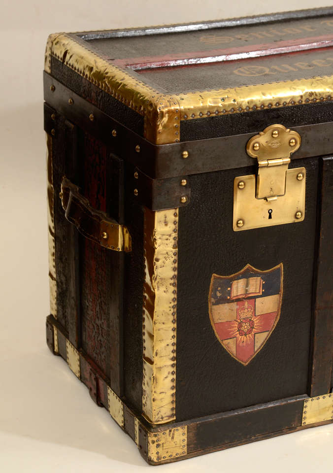 French Vintage Leather Collegiate Trunk, Queens College, 1st half 20th Century