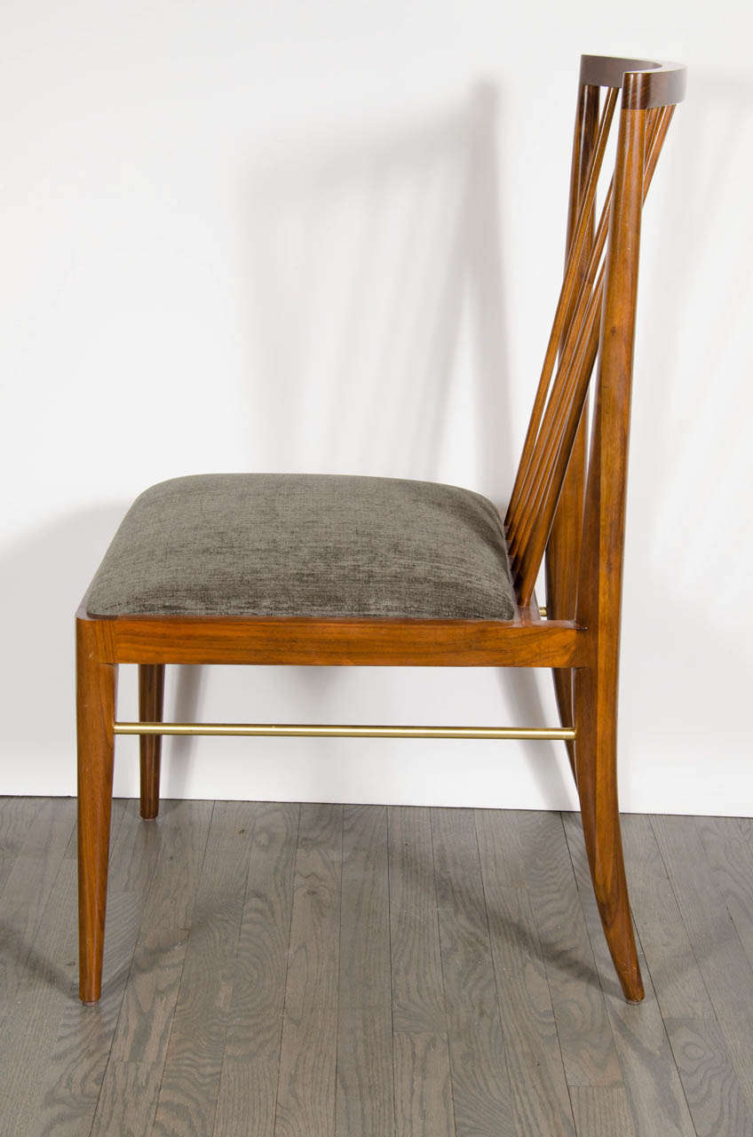 American Sophisticated Set of 8 Mid-Century Style Dining Chairs in Walnut & Brass
