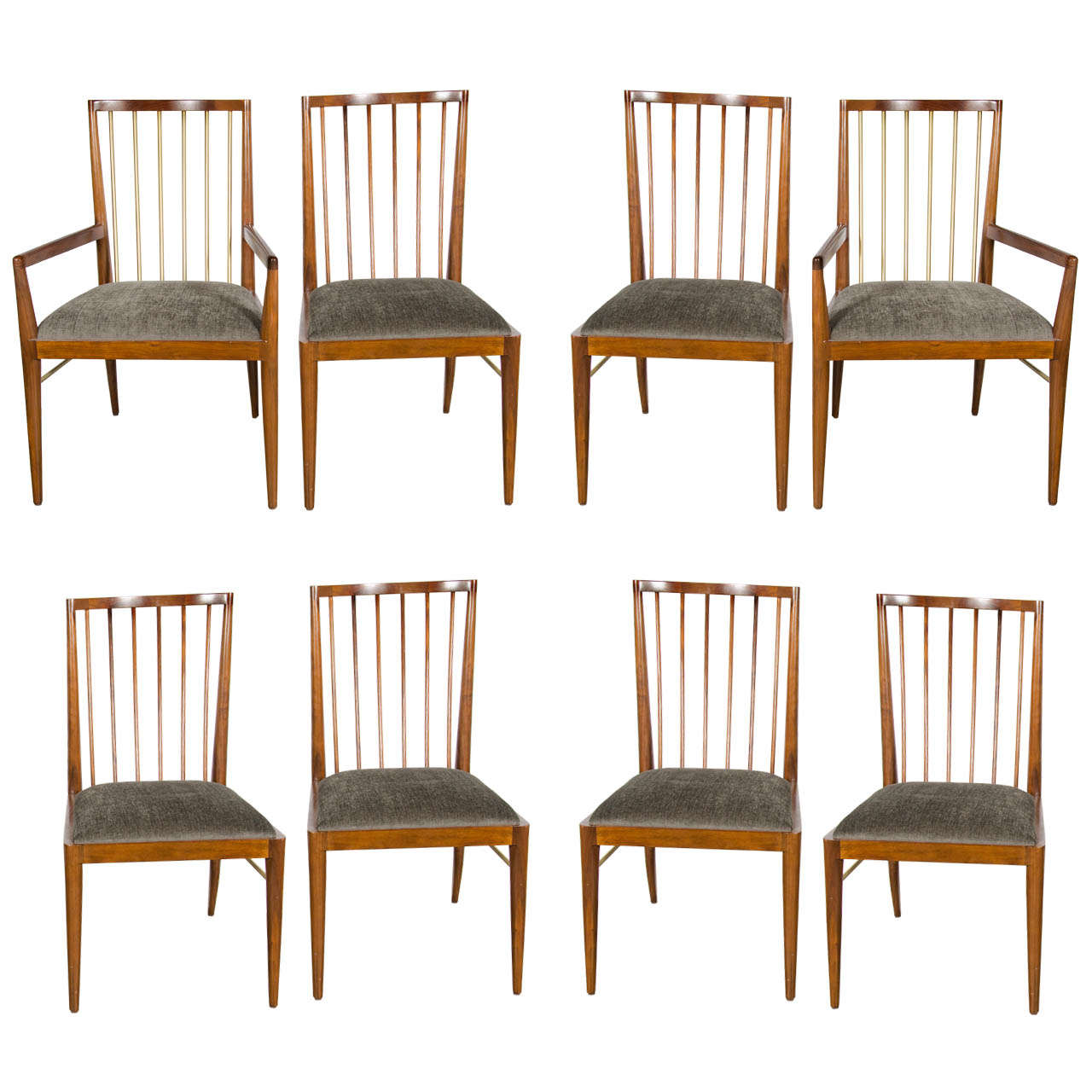 Sophisticated Set of 8 Mid-Century Style Dining Chairs in Walnut & Brass