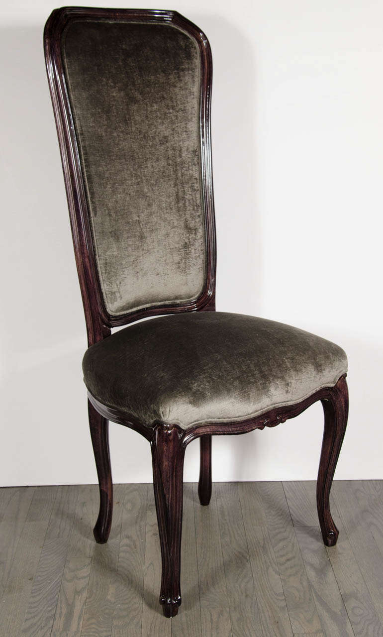 Hollywood Regency Elegant Pair of 1940's High Back Occasional Chairs in Ebonized Walnut
