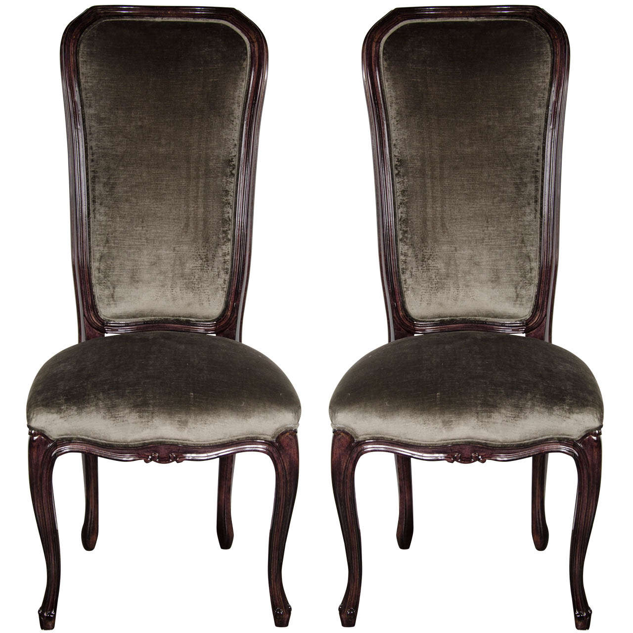 Elegant Pair of 1940's High Back Occasional Chairs in Ebonized Walnut
