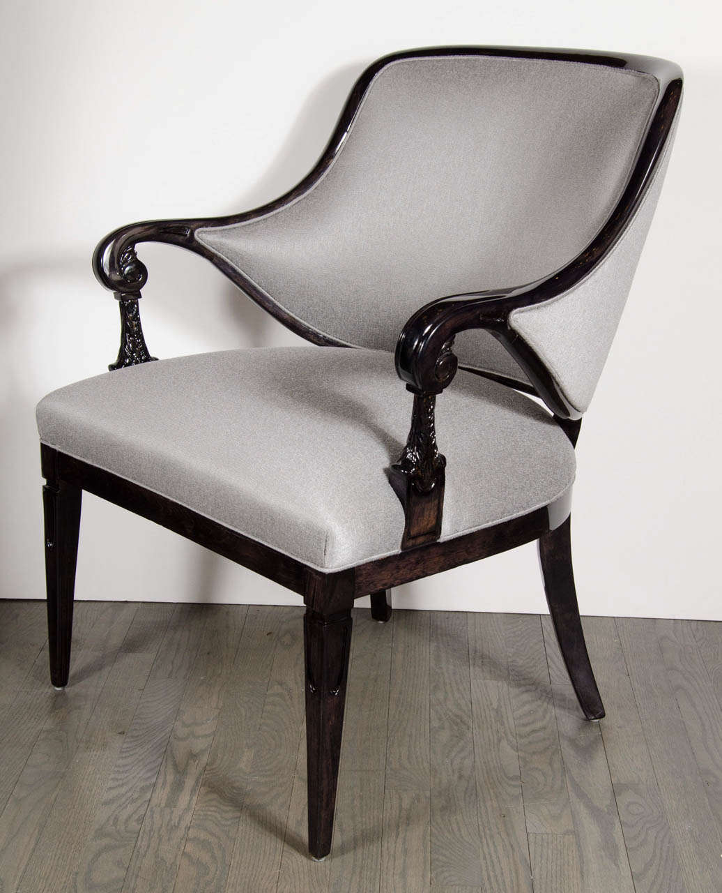 Art Deco Elegant Pair of 1940s Hollywood Scroll Armchairs by Grosfeld House