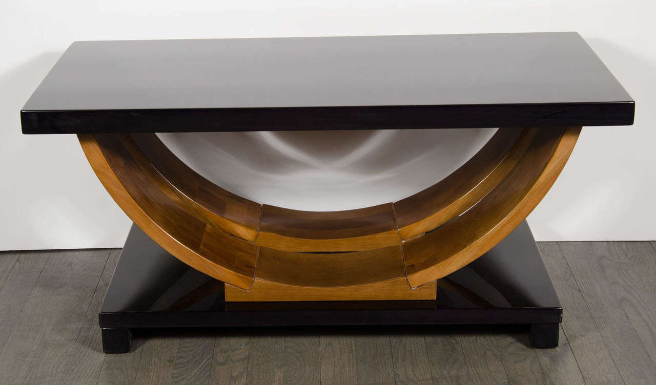 Art Deco Machine Age Cocktail Table in Ebonized Walnut with Maple Supports
