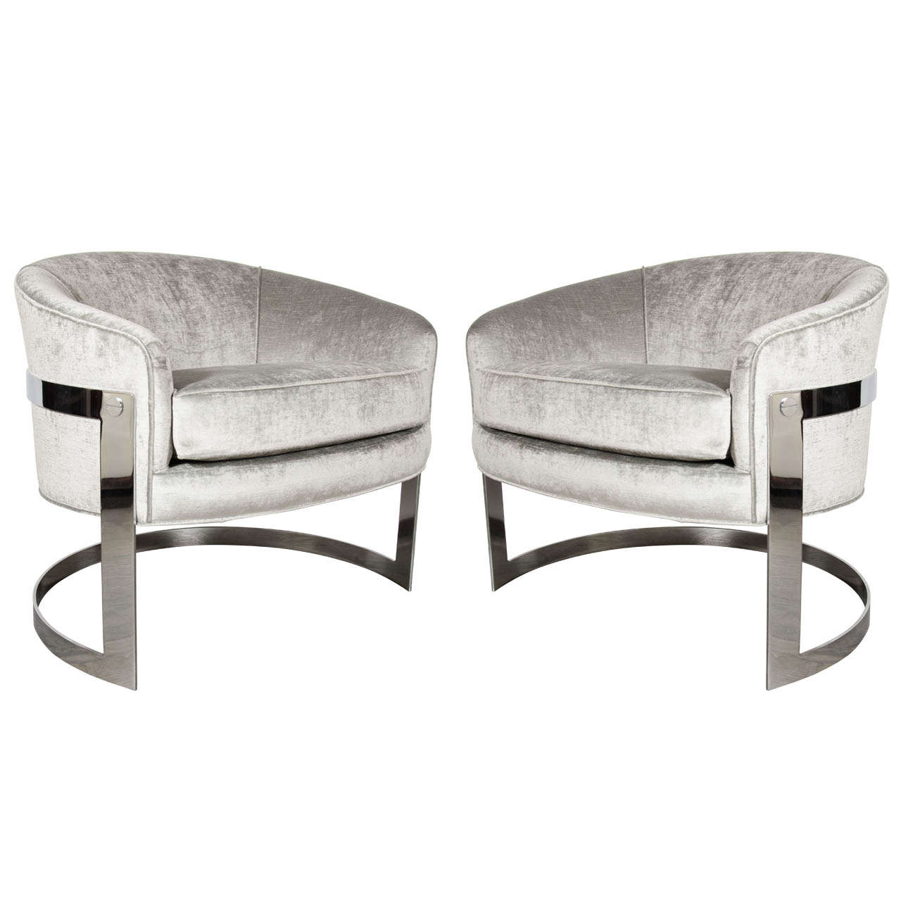 Mid-Century Modern Pair of Modernist Semi-Circular Chrome Banded Occasional Chairs by Milo Baughman