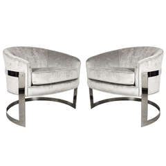 Vintage Mid-Century Modern Pair of Modernist Semi-Circular Chrome Banded Occasional Chairs by Milo Baughman