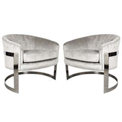 Mid-Century Modern Pair of Modernist Semi-Circular Chrome Banded Occasional Chairs by Milo Baughman