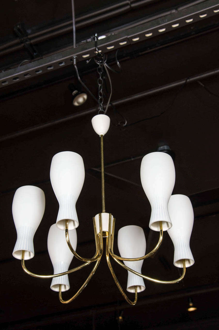 Mid-Century Modernist 6 Globe Chandelier by Stilnovo with Brass, Enamel and Hand Blown Glass