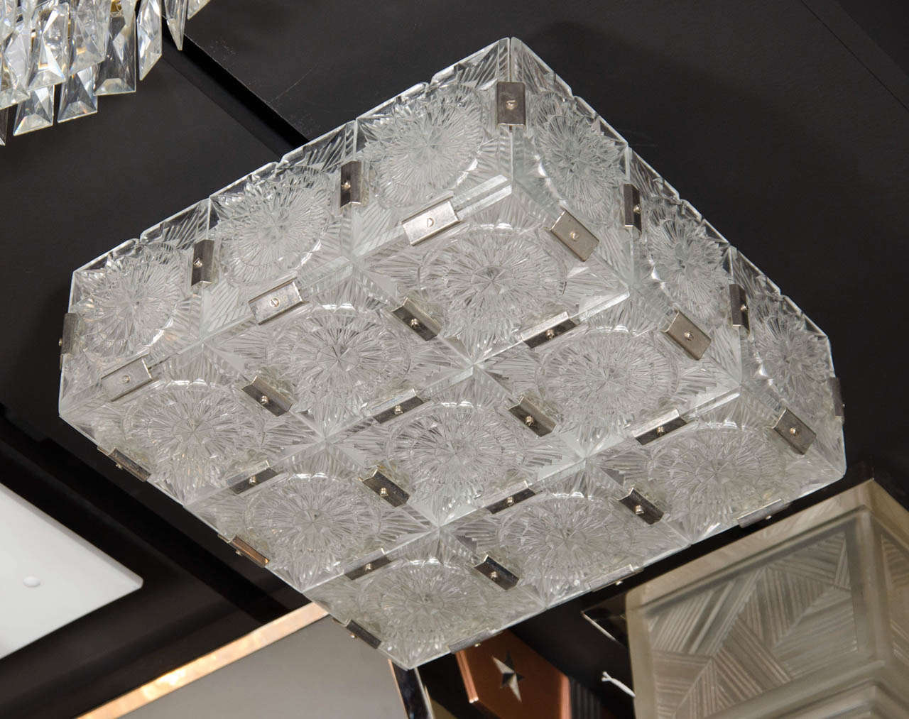 Mid-Century Modern Pair of Mid Century Modernist Sunburst Design Etched Glass Flush Mount Chandeliers by Kalmar