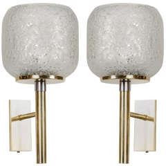 Sophisticated  Pair Of Mid-century Modernist Brass And Hand-blown Textured Glass Sconces