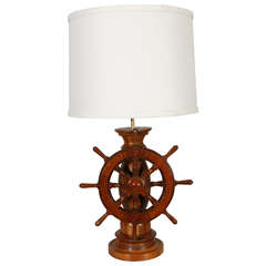 1950's American Shop Art Lamp with Ships Wheel and Linen Shade