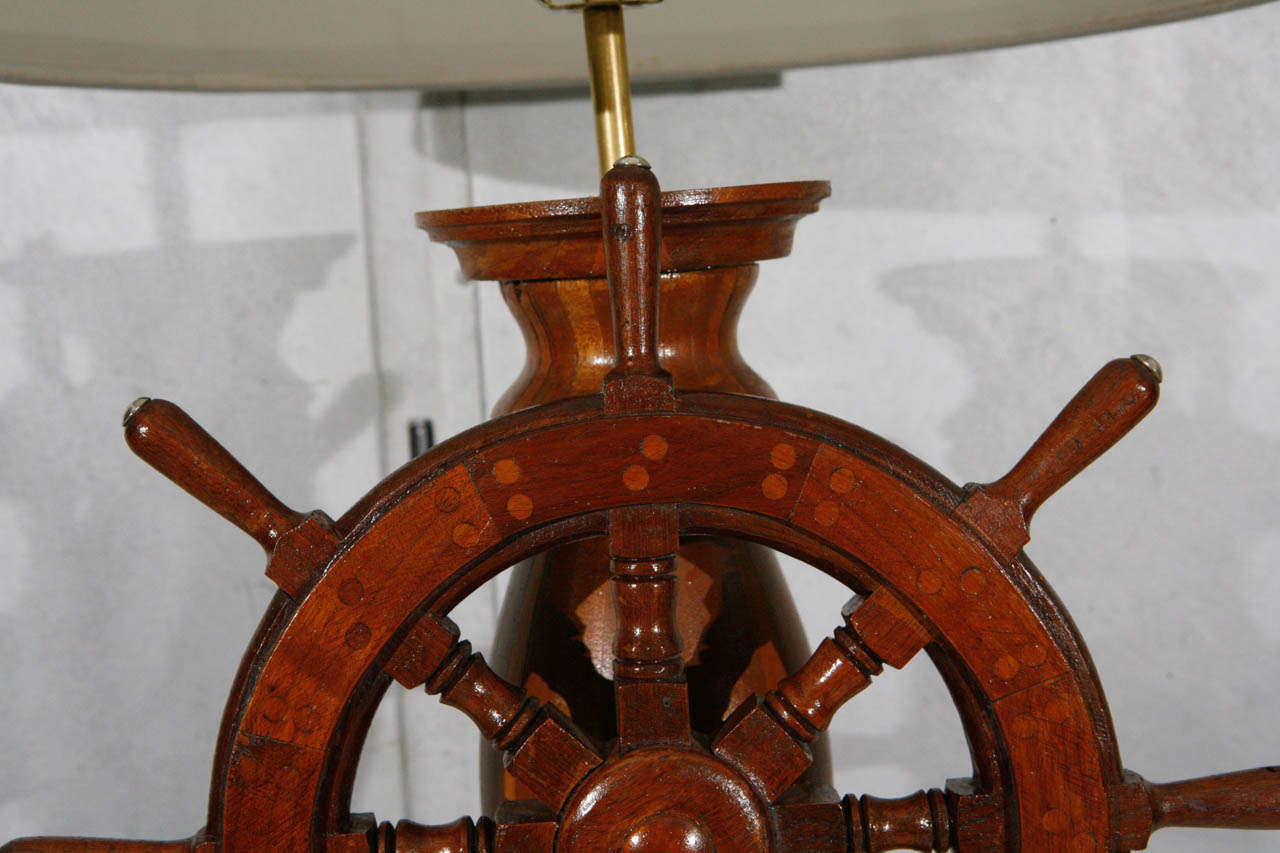 1950's American Shop Art Lamp with Ships Wheel and Linen Shade In Good Condition In Culver City, CA