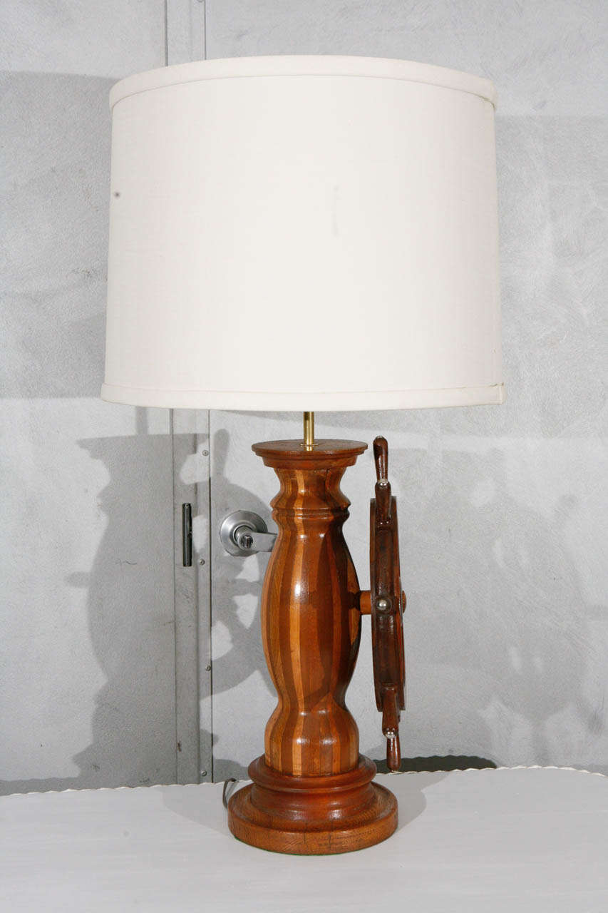 Wood 1950's American Shop Art Lamp with Ships Wheel and Linen Shade