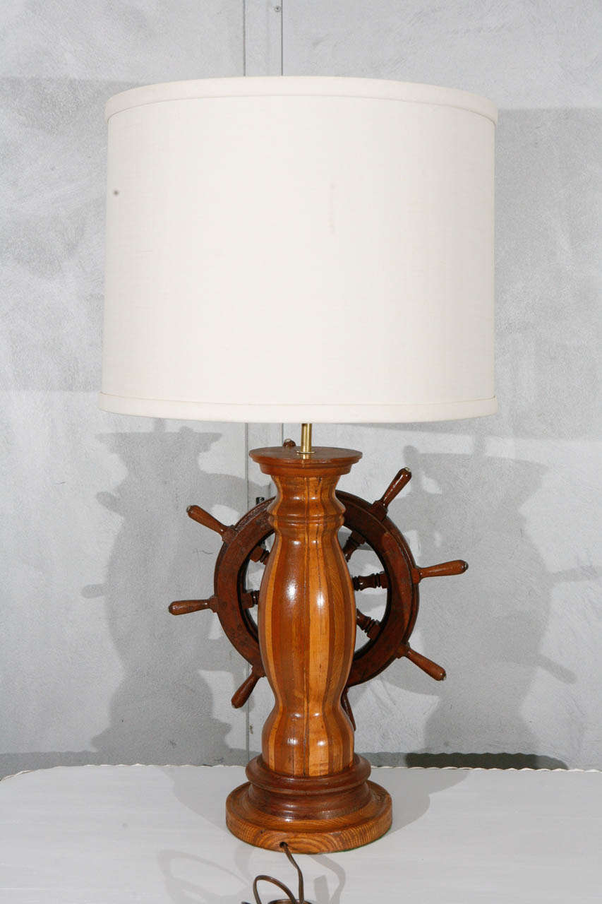 1950's American Shop Art Lamp with Ships Wheel and Linen Shade 1