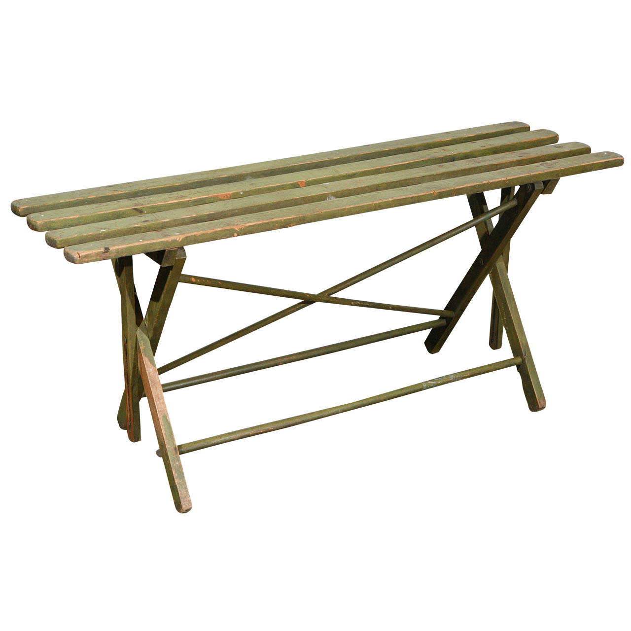 American Country 1930's Green Painted Wooden Slated Folding Bench/Table For Sale