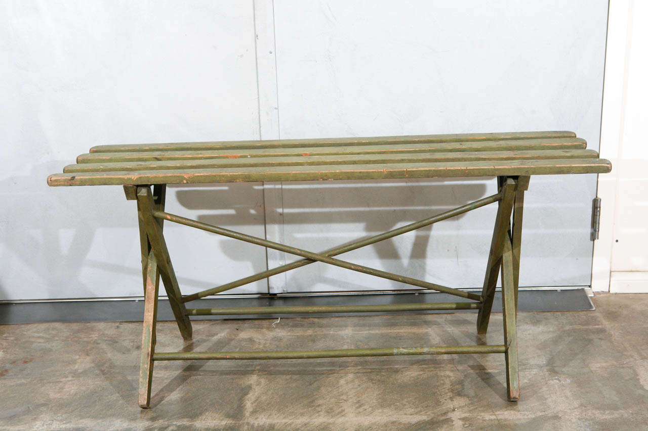 American Country 1930's Green Painted Wooden Slated Folding Bench/Table In Distressed Condition For Sale In Culver City, CA