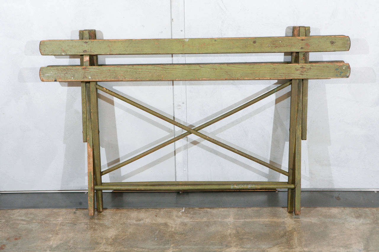 American Country 1930's Green Painted Wooden Slated Folding Bench/Table For Sale 3