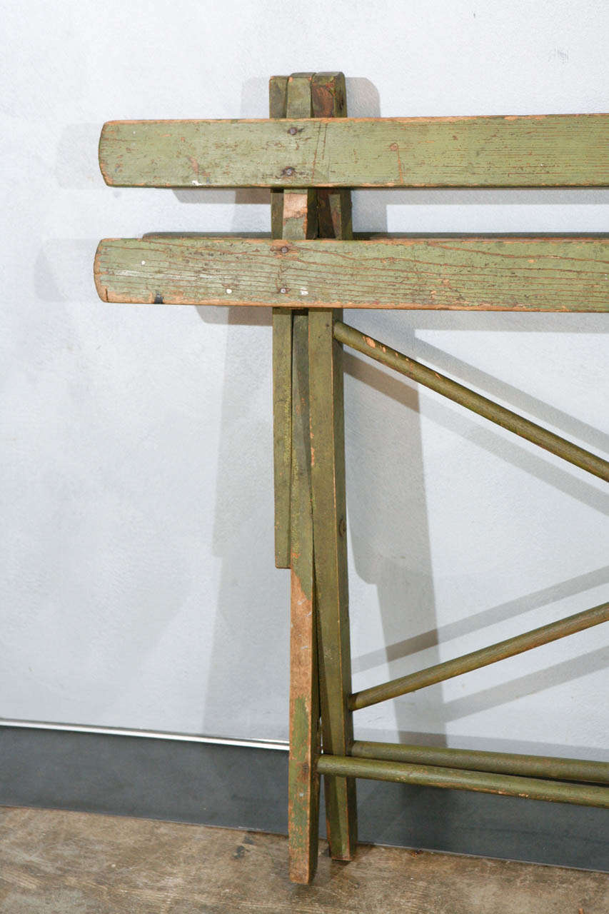 American Country 1930's Green Painted Wooden Slated Folding Bench/Table For Sale 4