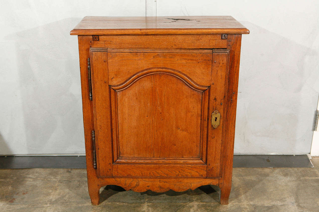 A handsome one door cabinet with shaped bottom edges and carved inset elements. This cabinet is an original piece of craftsmanship in aged wood that blends a rustic quality with an elegant design aesthetic and will add interest to a variety of