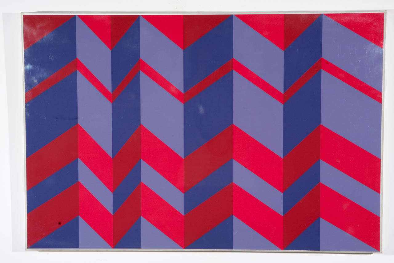 Striking red and purple zig-zag lithograph in clear Plexiglas frame.