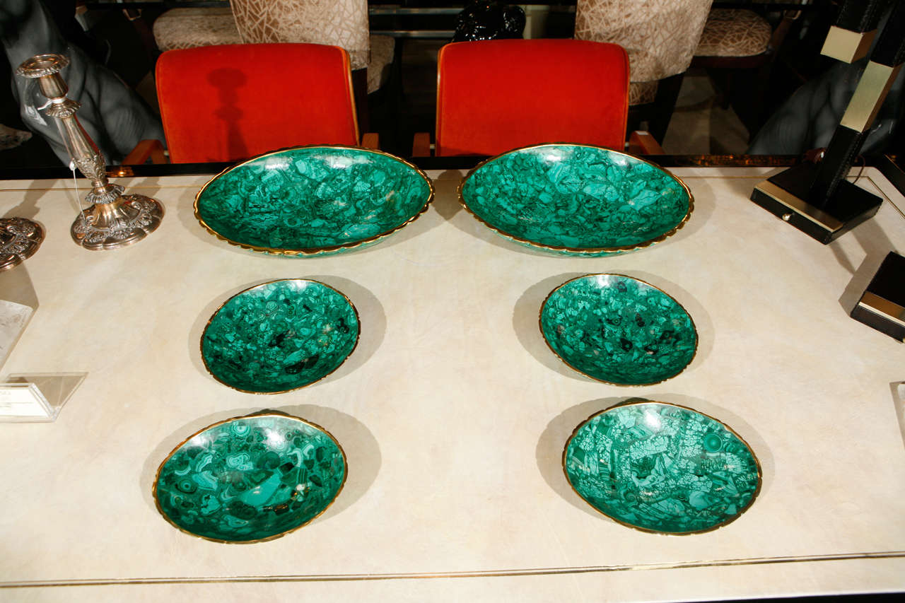 Enticing Set of 6 Malachite Bowls from with the polished bronze etched detail around the edges. 
2 of each size
Small (each): L 8