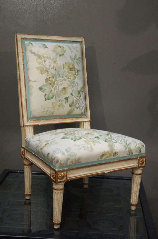 A 19th Century Louis XVI Chaffeuse 
Painted and Gilded with Straight Back
Newly Upholstered in 
Suzanne Rheinstein*Hollyhock for Lee Jofa 
Garden Roses in Lime/Leaf