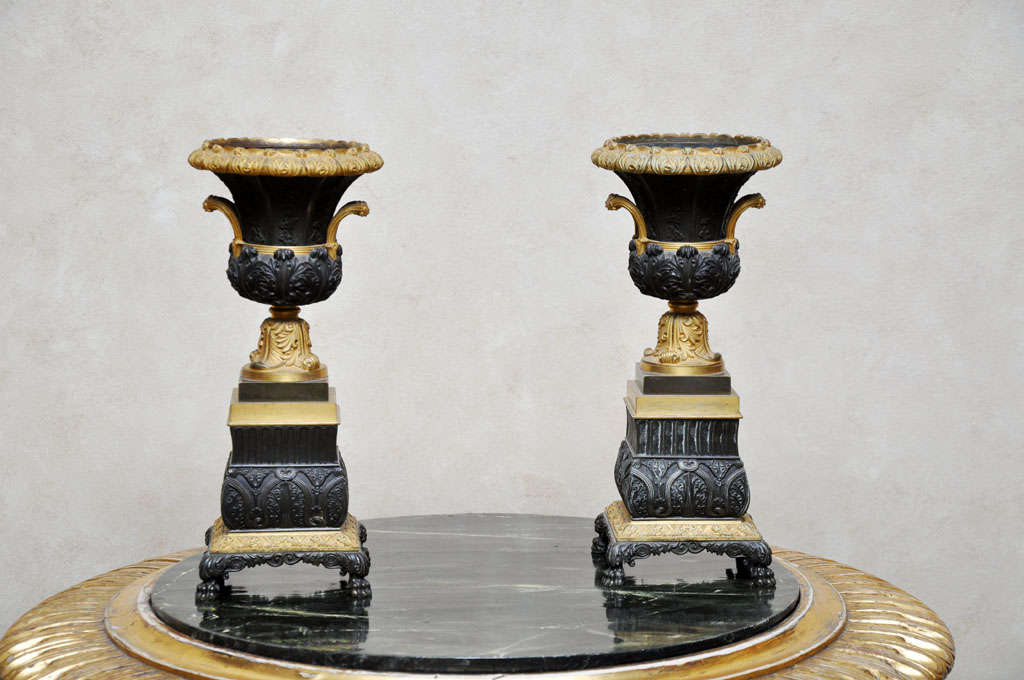 Pair of Empire Patinated and Gilt Bronze Urns, France, 1880