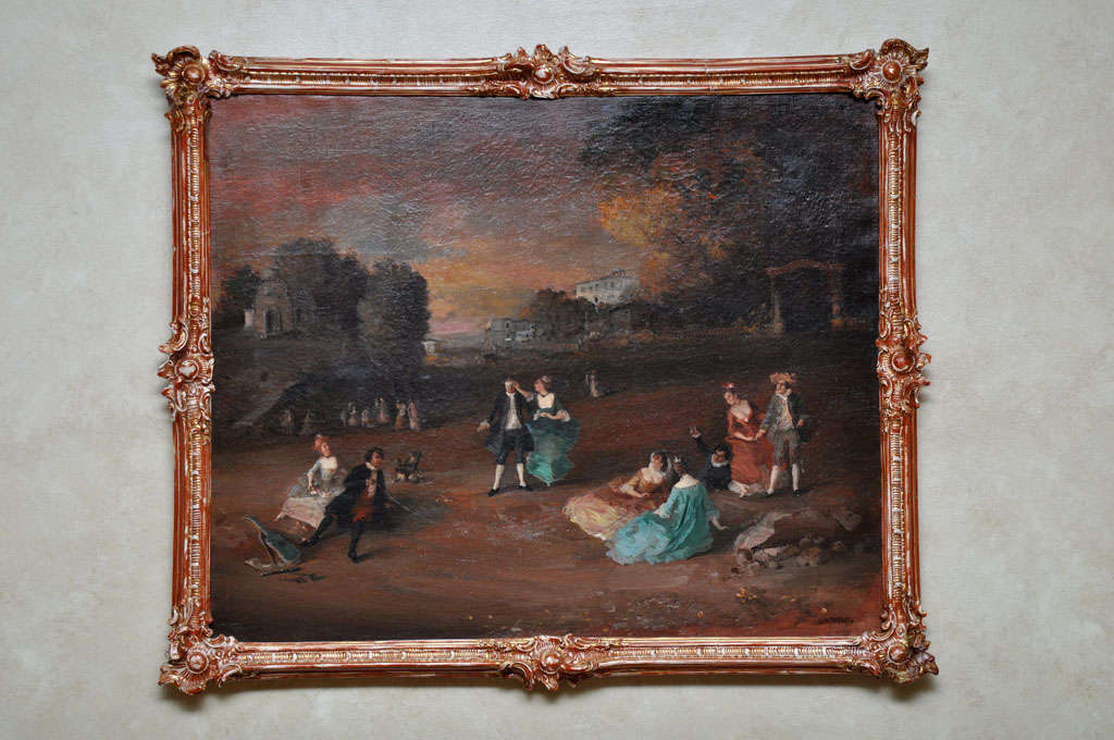 Oil on canvas depicting an early 19th century garden social romantic scene. 20 guests, mostly couples flirting, playing jump rope and blind mans bluff, a painted blue romantic guitar and other musical instruments laying nearby while two small dogs
