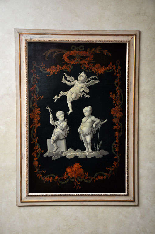 French Grisailles depicting three putti conversing on a cloud, once is Cupid (god of love) with his arrow, another one holds a cross and the third putti is reclining in the air above them holding a plume.  

Grisailles is a process of painting in