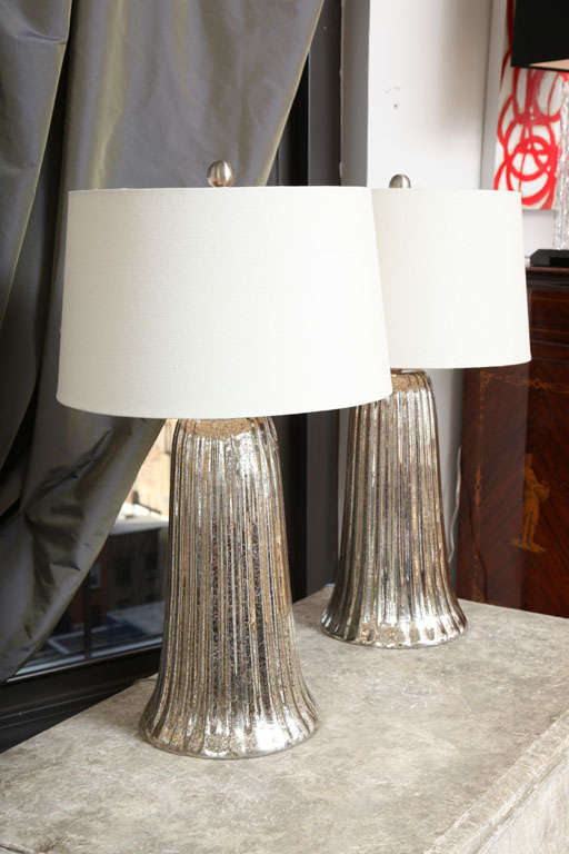 Exceptional Pair of Large Waterfall Mercury Glass Lamps 3