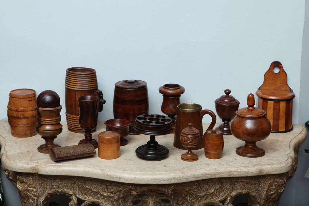 Fine assortment of treenware objects including spirit barrels, turned lidded bowl, salts, cups, spice containers and barrels, English, Scottish and Scandinavian. Prices from $350-$1850.