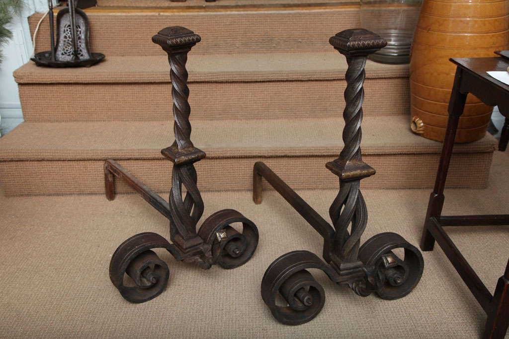 American Pair of Bronze Inlaid Arts & Crafts Andirons For Sale