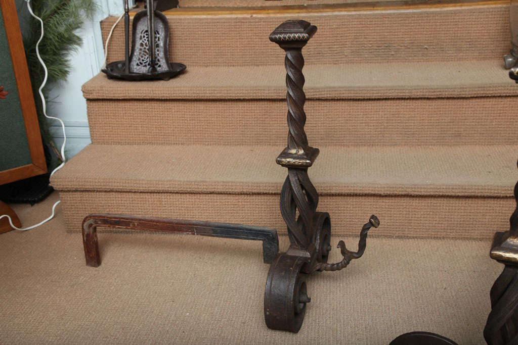 Pair of Bronze Inlaid Arts & Crafts Andirons For Sale 1